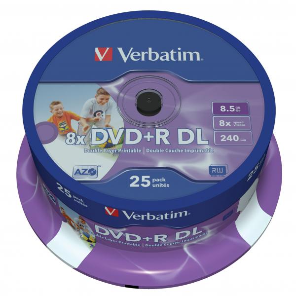Verbatim DVD+R, DataLife PLUS, 8,5 GB, Wide Printable, cake box, 43667, 8x, 25-pack