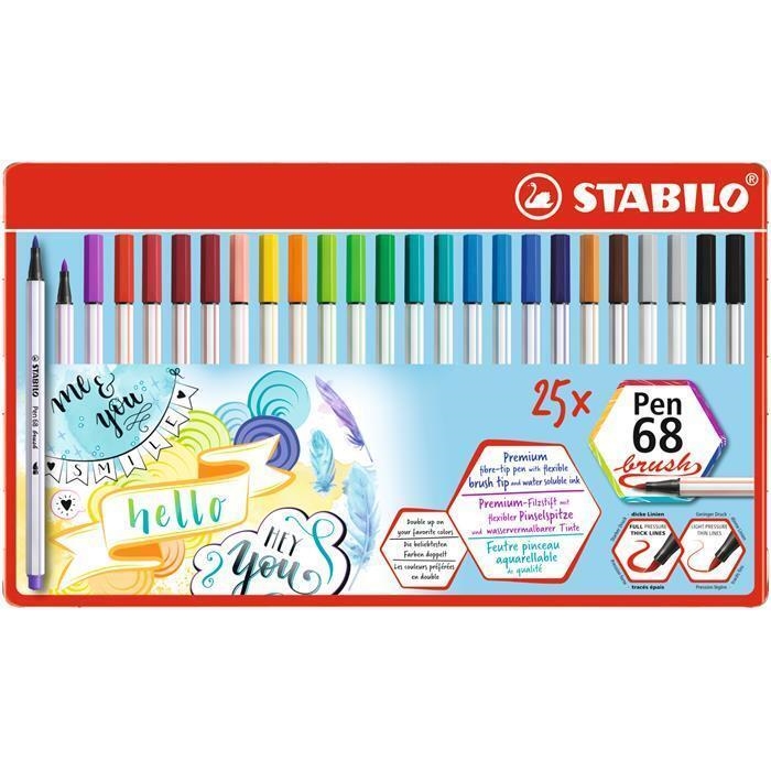 Štětcové fixy Stabilo Pen 68 brush, 25 barev, kovová krabička