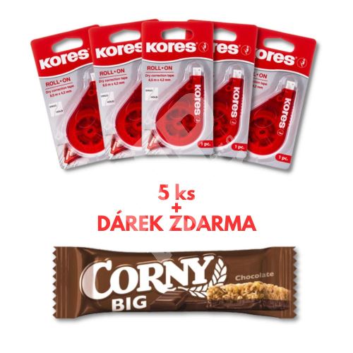 5ks korekční strojek Kores Roll-On 4,2mm x 15m + Corny Big zdarma 5