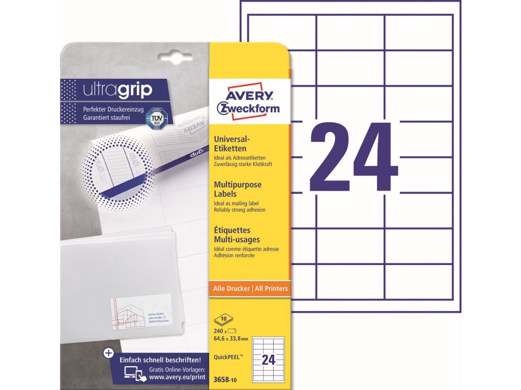 Samolepící etikety Ultragrip 64,6 x 33,8 mm, 10 listů A4 3658-10