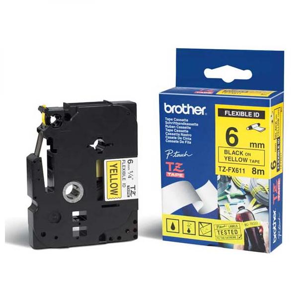 Páska do štítkovače Brother TZE-FX611, 6mm, černý tisk/žlutý podklad, flexibilní pás