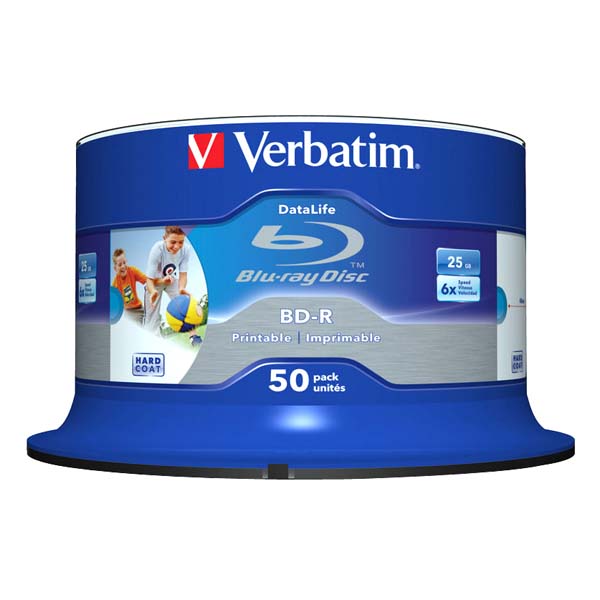 25GB Verbatim BD-R SL, Hard Coat Wide Inkjet Printable, spindle, 43812, 6x, 50-pack