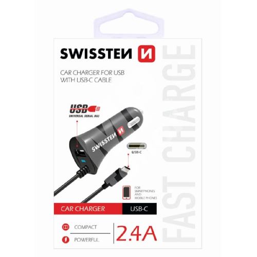 Adaptér do auta Swissten 12W, 1 port, USB-A, kabel USB-C 1