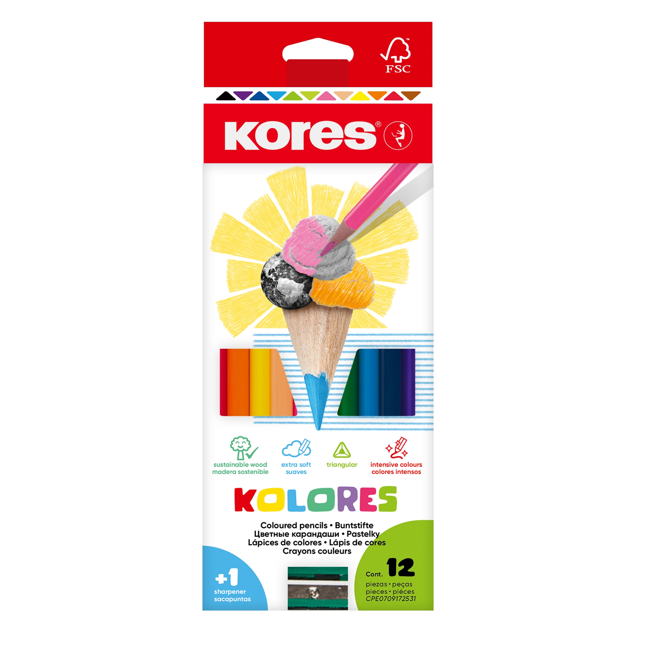 Pastelky Kores Kolores 93312 Trojhranné 12 barev s ořezávátkem