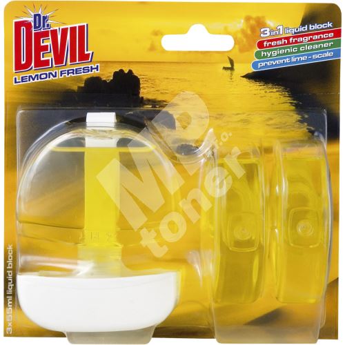 Dr. Devil 3v1 Lemon Fresh tekutý WC blok, košíček + náplň 3× 55 ml 1