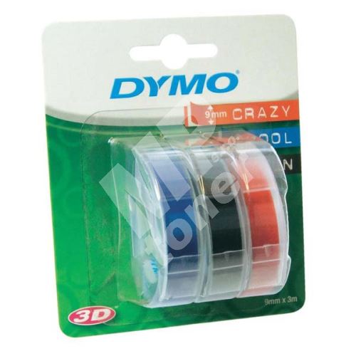 Páska Dymo 9mm x 3m černý tisk/černý, modrý, červený podklad, 3D, 1 blistr/3ks, 1