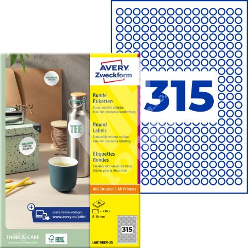Kulaté snímatelné etikety průměr 10 mm, 25 listů A4 L6019REV-25 1
