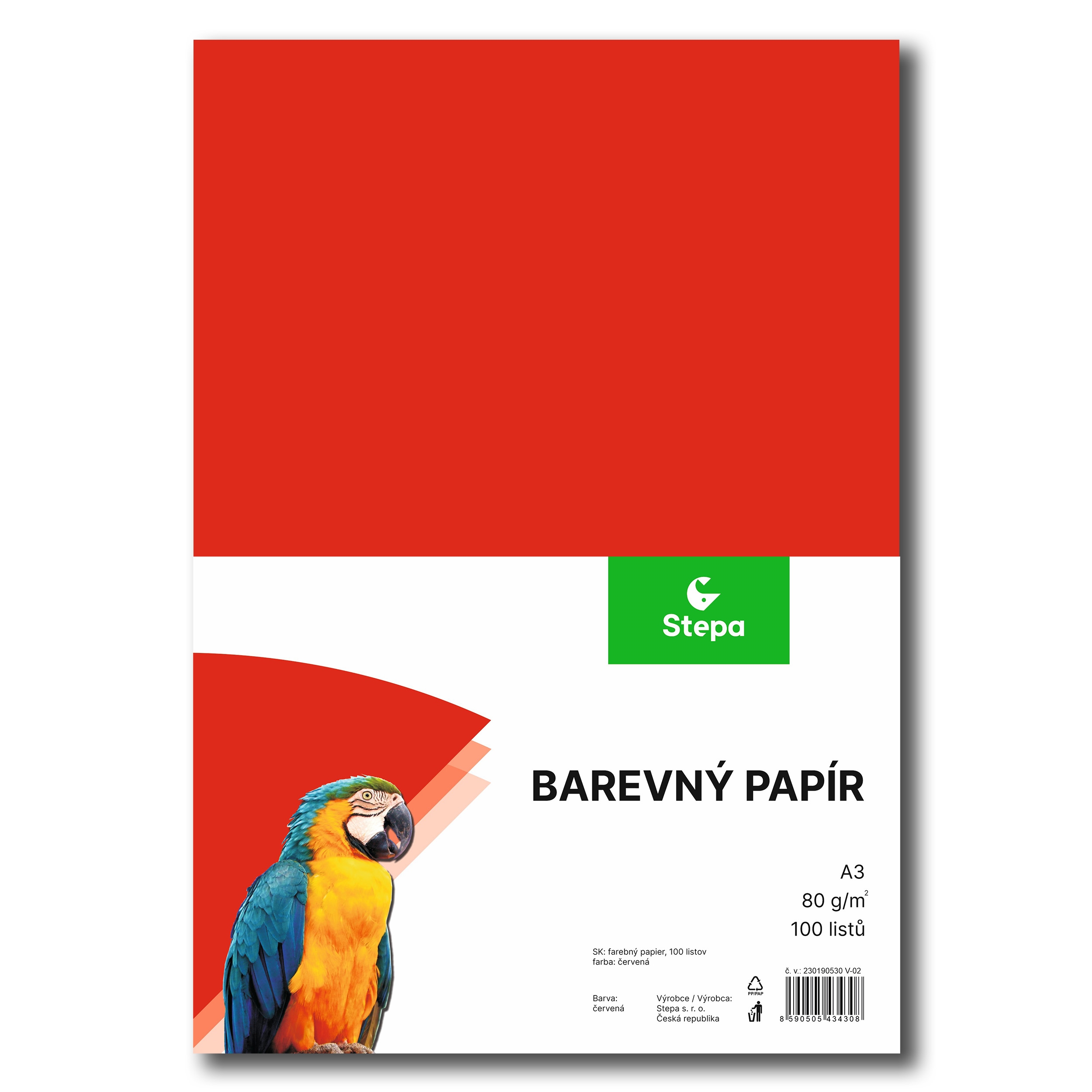 Barevný papír A3, 80g, červený, 100 listů