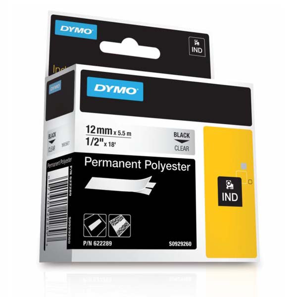 Páska Dymo 5,5m x 12mm, černý tisk/průhledný podklad, permanentní polyesterová D1, 622289
