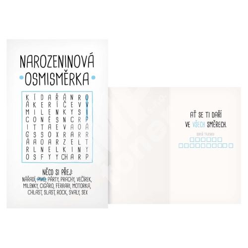 Přání narozeninové humorné, narozeninová osmisměrka, modrá 1