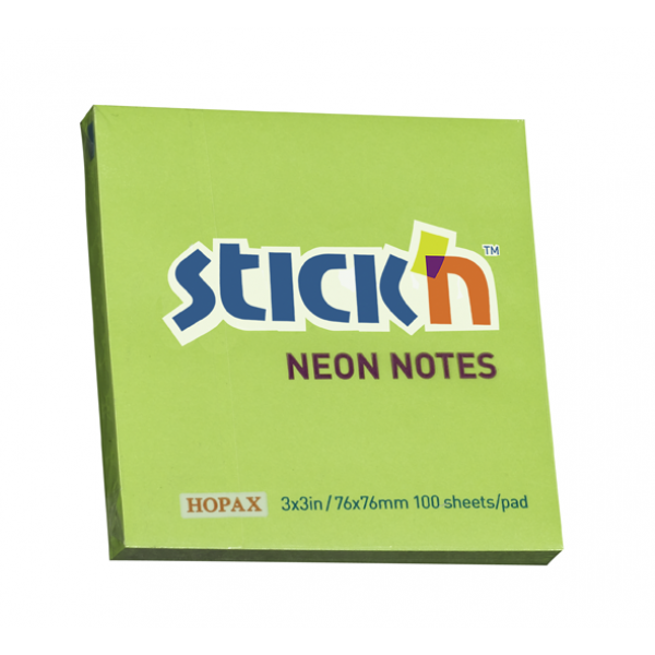 Samolepící bloček Stick'n 76x76mm, neon zelená, 100 lístků