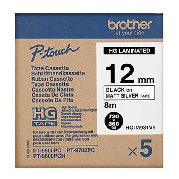 Páska do štítkovače Brother HGE-M931 12mm x 8m, černý tisk/stříbrný matný podklad, 5ks v