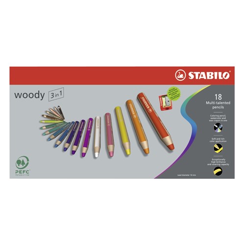 Pastelky STABILO woody 3 v 1 - barvička, vodovka, voskovka - 18 ks + ořezávátko