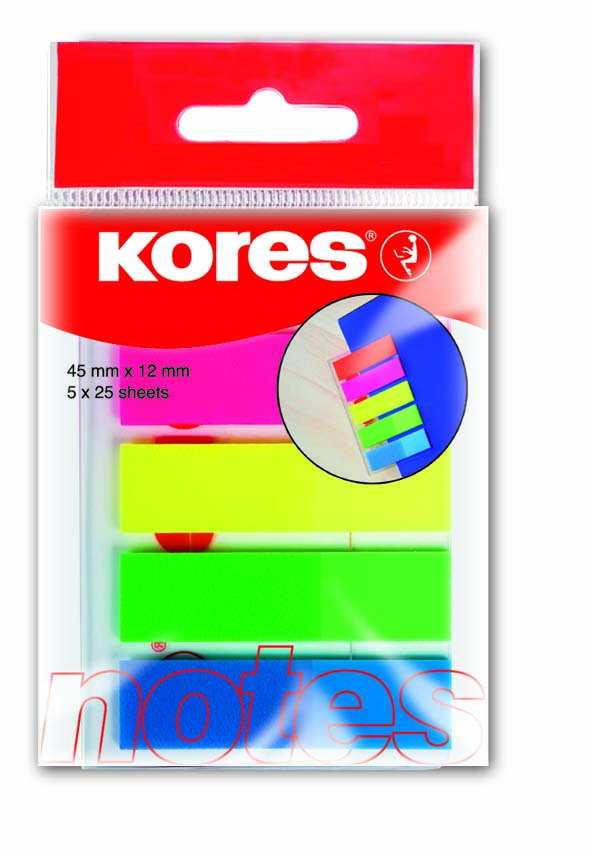 Samolepící záložky Kores Index Strips 45x12 mm, neonové, 5 barev