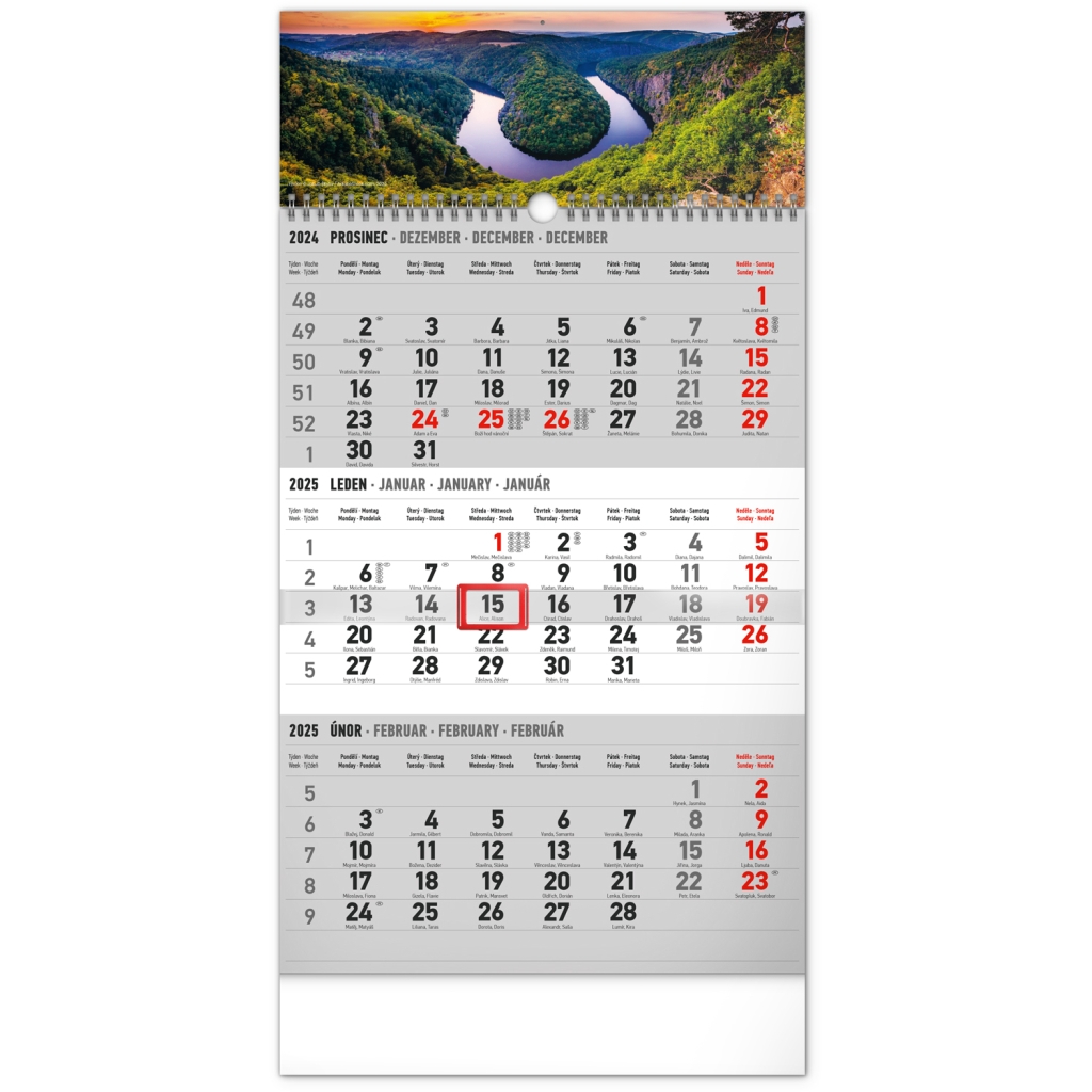 Nástěnný kalendář 3měsíční Notique Krajina šedý 2025, 29,5 x 43 cm
