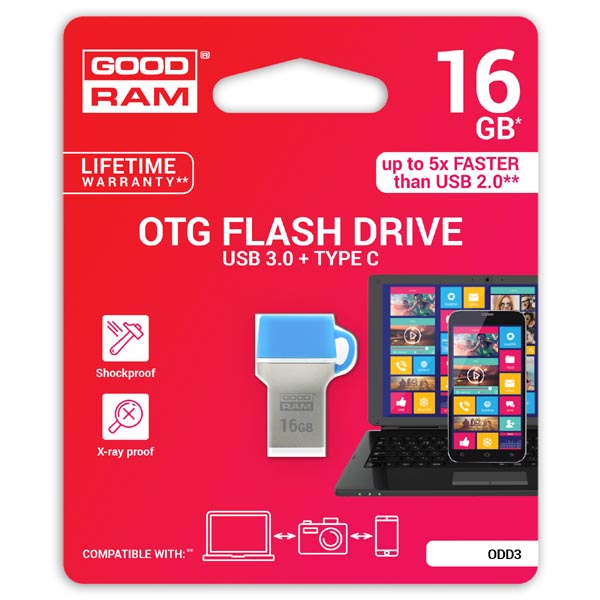 16GB Goodram OTG, USB flash disk 3.1A/3.1C, ODD3, modrá