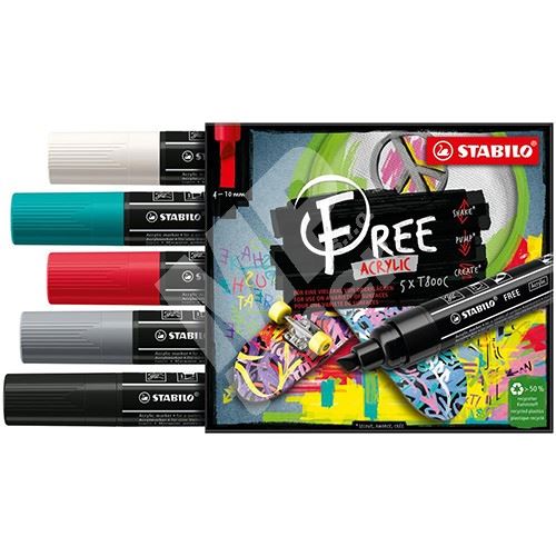 STABILO FREE Acrylic akrylový popisovač T800C Klínový hrot 4-10 mm - Bold, sada 5 ks 1