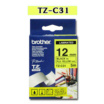 Páska do štítkovače Brother TZe-C31, 12mm, černý tisk/signální žlutá podklad,originál