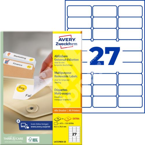 Snímatelné etikety AVERY Stick&Lift 63,5x29,6 mm A4 - L4737REV-25 1