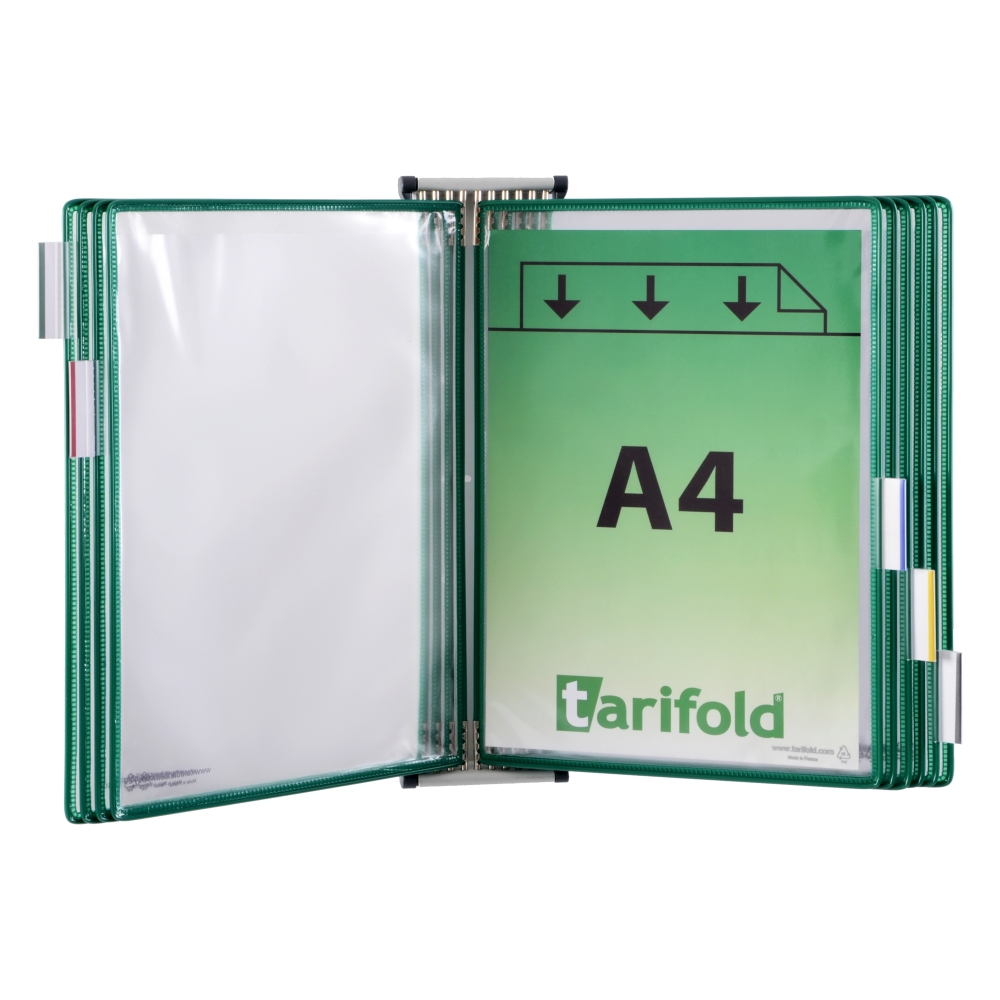 Nástěnný kovový držák s rámečky Tarifold, 10 rámečků s kapsami A4 na výšku, zelené