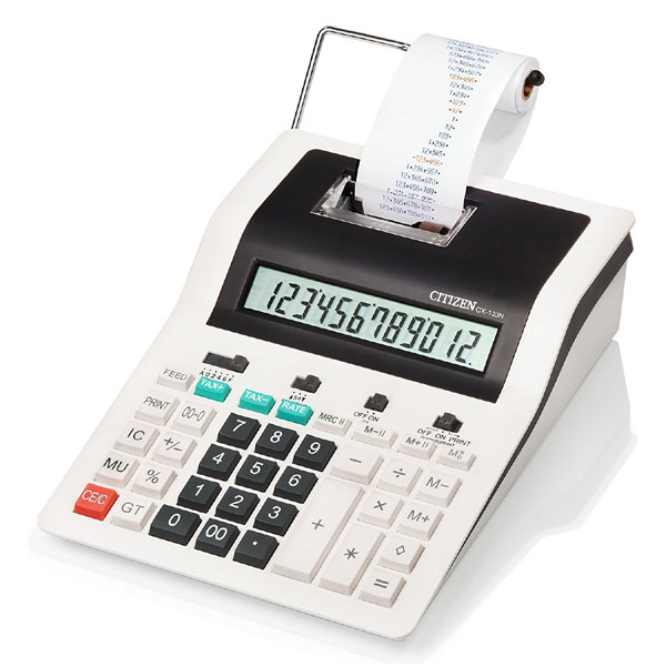 Kalkulačka Citizen CX123N, bíločerná, dvanáctimístná s tiskem, dvoubarevný tisk