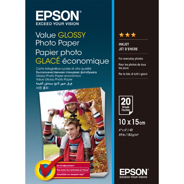Epson Value Glossy Photo Paper, foto papír, lesklý, bílý, 10x15cm, 183 g/m2, 20 ks