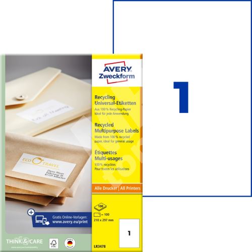 Univerzální etikety recyklované AVERY 210x297 mm 100 listů A4 - LR3478 1