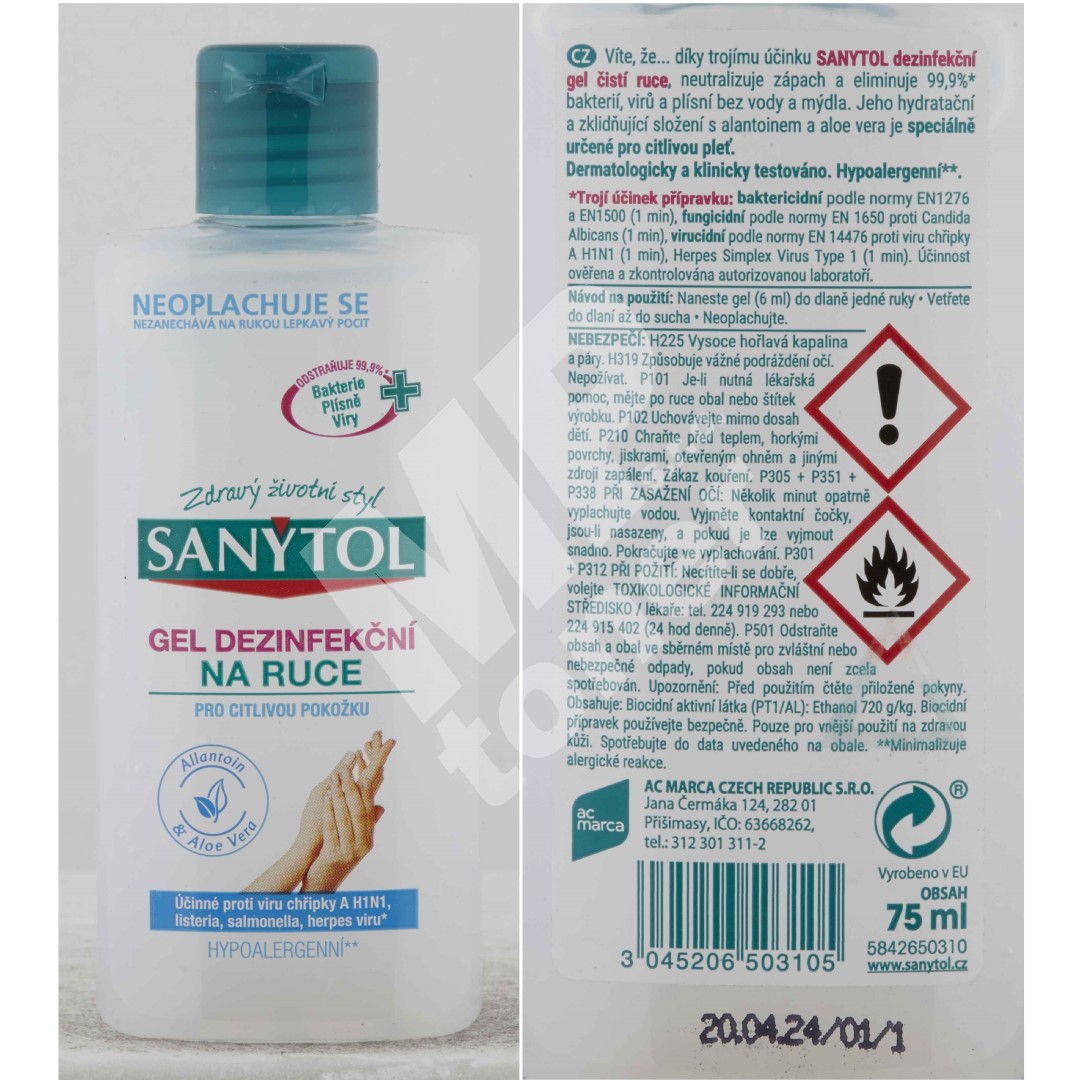 Dezinfekční gel na ruce Sanytol, hypoalergenní, 75ml - MP Toner