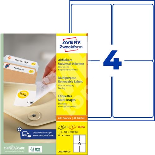 Snímatelné etikety AVERY Stick&Lift 99,1x139 mm A4 - L4733REV-25 1