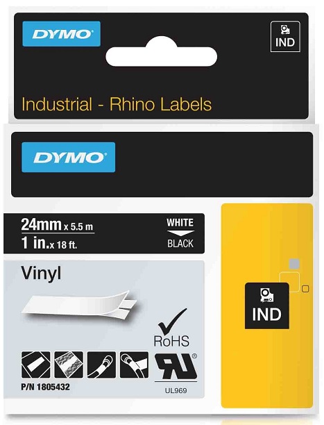 Páska Dymo 24mm x 5,5m, bílý tisk/černý podklad, vinylová profi D1, 1805432