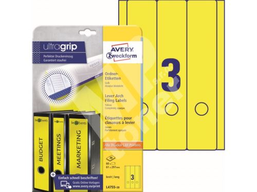 Barevné etikety na pořadače ULtragrip 61 x 297 mm, 20 listů A4, žlutá L4755-20 1