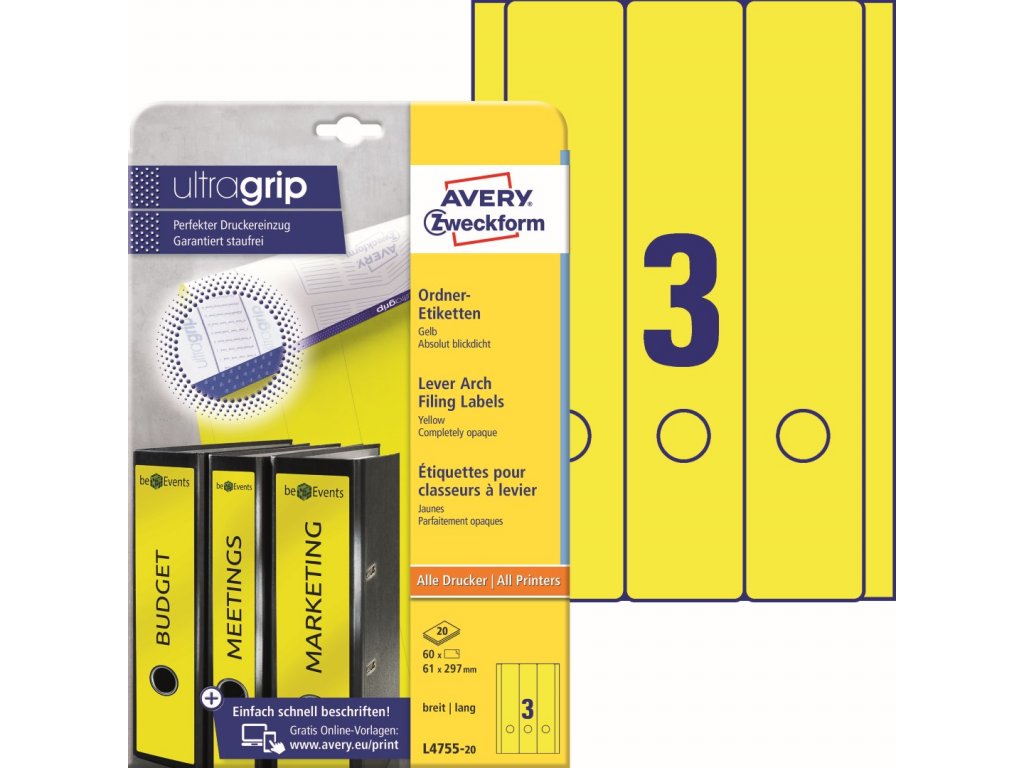 Barevné etikety na pořadače ULtragrip 61 x 297 mm, 20 listů A4, žlutá L4755-20