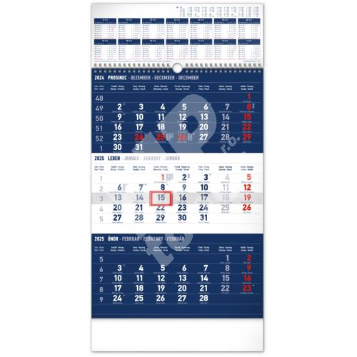 Nástěnný kalendář Notique 3měsíční standard modrý s ročním přehledem, 2025, 29,5 x 43 1