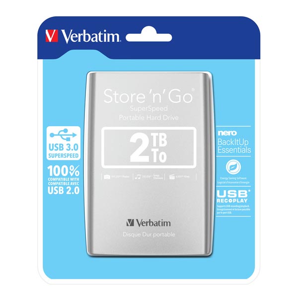 2TB Verbatim Store'n'Go, Externí HDD 2,5" USB 3.0, 53189, stříbrný