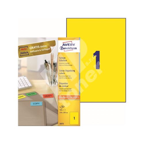 Barevné etikety univerzální AVERY 210x297 mm 100 listů A4 žluté - 3473 1