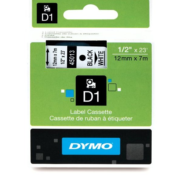 Páska Dymo D1 12mm x 5,5m černý tisk/bílý podklad, permanentní, S0718060, 16959