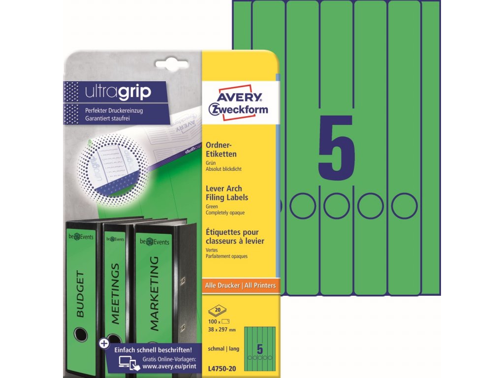 Barevné etikety na pořadače Ultragrip 38 x 297 mm, 20 listů A4. zelená L4750-20