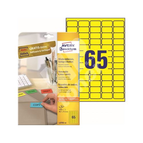 Barevné samolepící etikety 38,1 x 21,2 mm, 20 listů A4, žlutá L4793-20 1