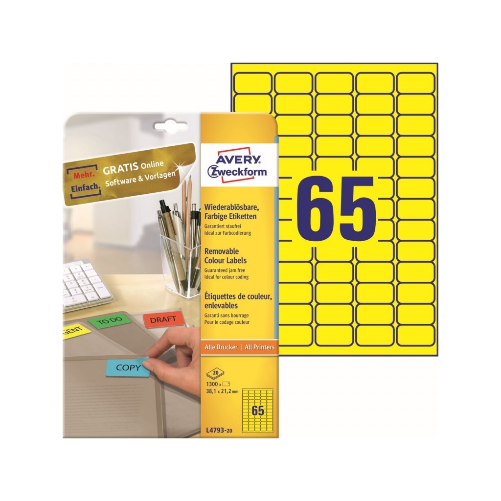 Barevné samolepící etikety 38,1 x 21,2 mm, 20 listů A4, žlutá L4793-20