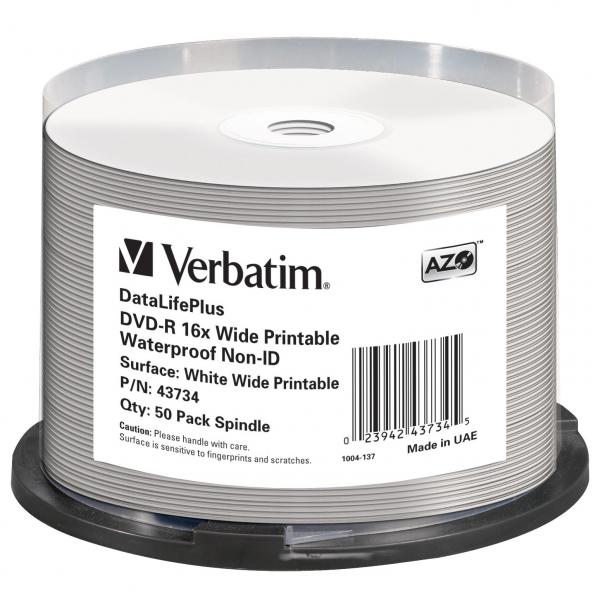Verbatim DVD-R, Waterproof, 4,7 GB, 12cm, Wide Printable, cake box, 43734, 16x, 50-pack