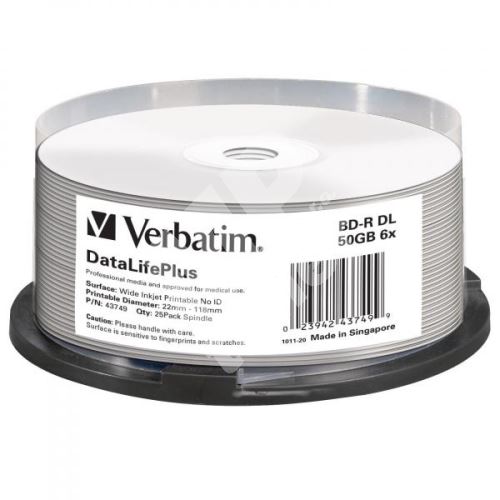 50GB Verbatim BD-R DL, DataLifePlus, Wide Inkjet Printable, 43749, 6x, 25-pack 1
