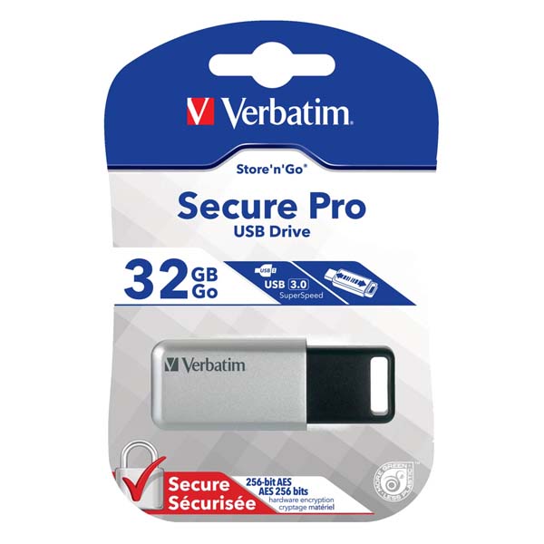 32GB Verbatim Store'n'Go Secure Pro, USB flash disk 3.0, 98665, stříbrná