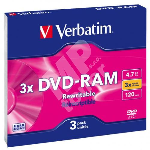 Verbatim DVD-RAM, DataLife PLUS, 4,7 GB, Colour, slim box, 43499, 3x, 3-pack 1
