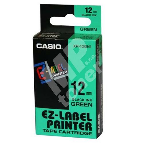 Páska Casio XR-12GN1 12mm černý tisk/zelený podklad 1