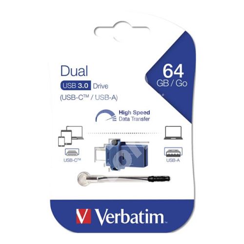64GB Verbatim OTG Dual, USB flash disk 3.0, 49967, USB + USB-C, modrý 1