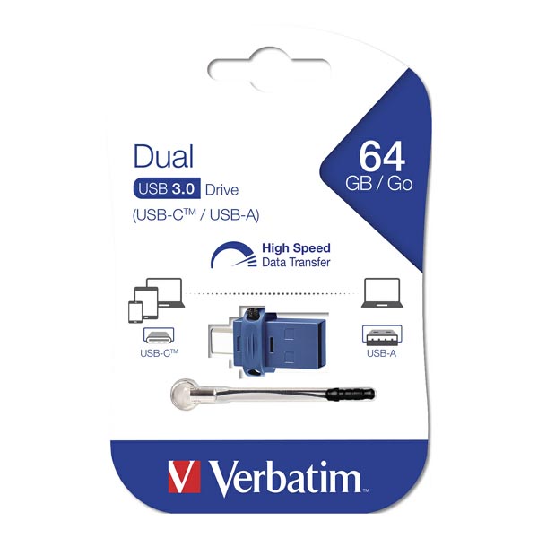 64GB Verbatim OTG Dual, USB flash disk 3.0, 49967, USB + USB-C, modrý