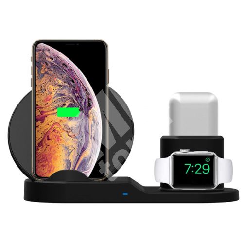 3v1 bezdrátová nabíječka, pro telefon, Apple Watch a Airpods, černá, 5/9V, 15W, Qi 1