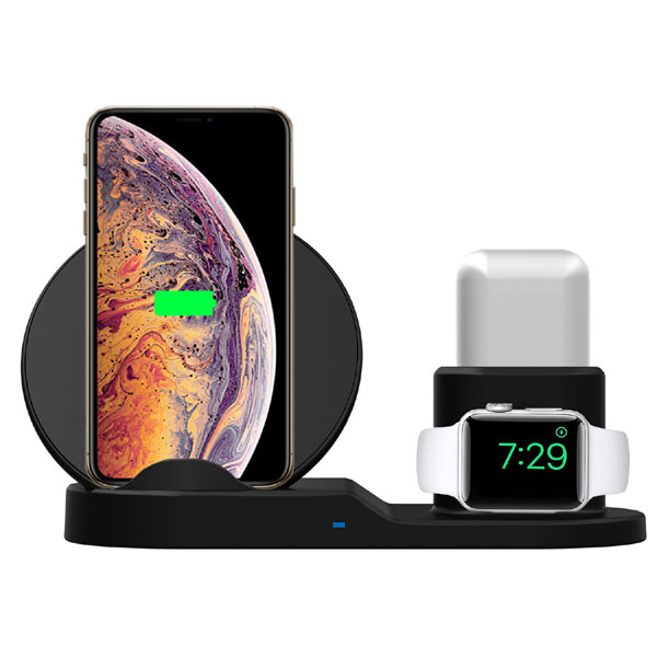 3v1 bezdrátová nabíječka pro telefon, Apple Watch a Airpods, černá, 5/9V, 15W, Qi