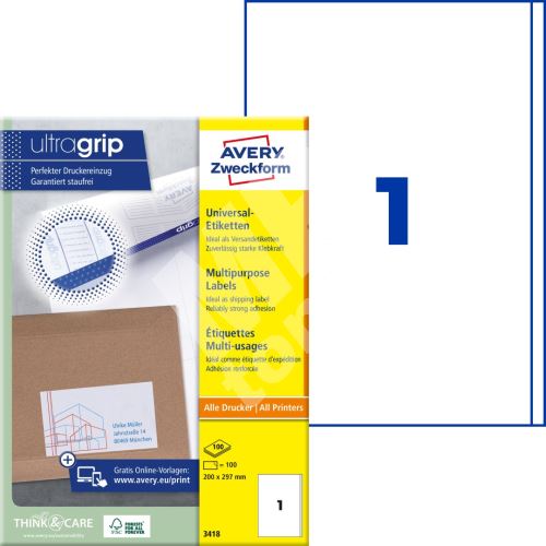 Univerzální etikety AVERY 200x297 mm 100 listů A4 - 3418 1