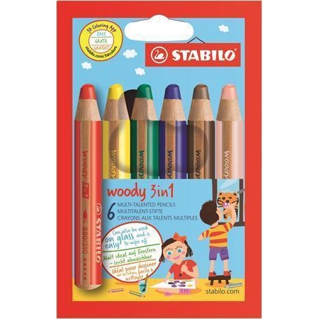 Barevné pastelky STABILO Woody, 6 barev, maxi, 3v1 – pastelky, vodovka, voskovka